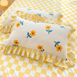 Taooba-Yellow Flowers Kawaii Checkered Bedding Set