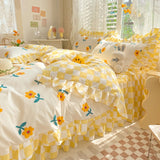 Taooba-Yellow Flowers Kawaii Checkered Bedding Set